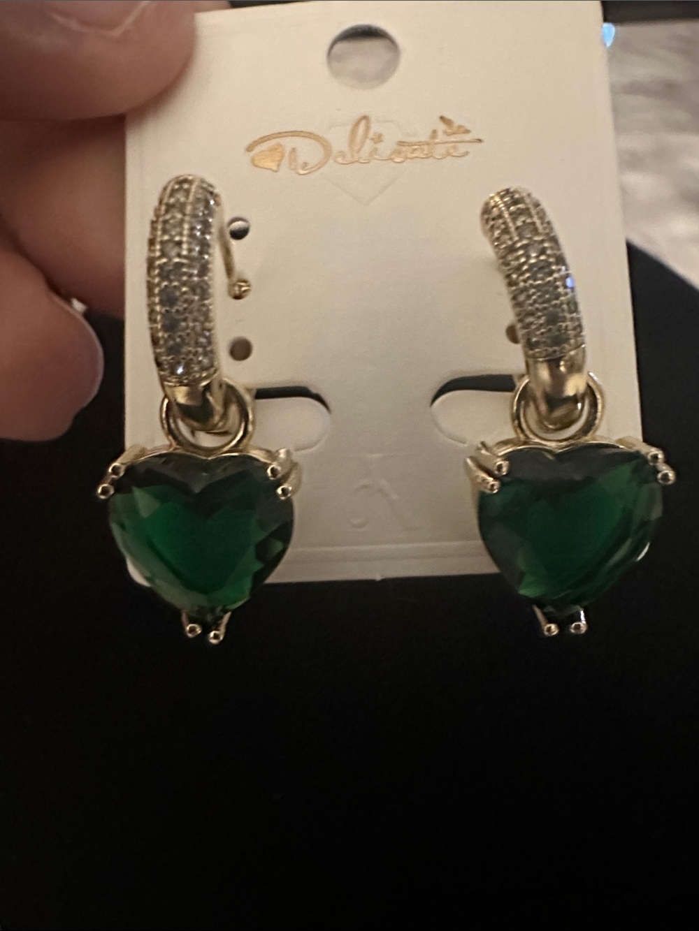 delicates Gold Hoop Earrings with diamond accents and  Green Heart Drops - Picture 5 of 5